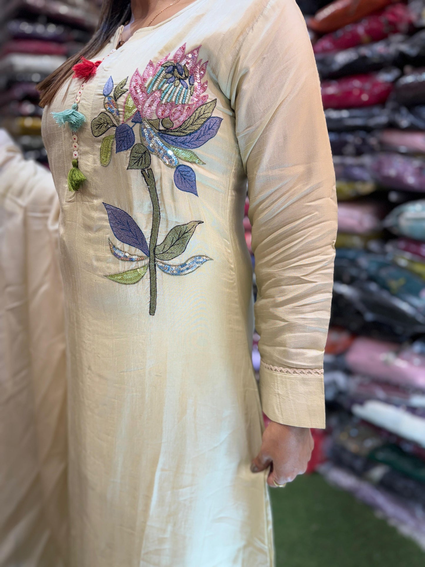 Pure Russian Silk Detailing Thread and Hand Work Party Wear A Line 3pc Set Cream Off White Color
