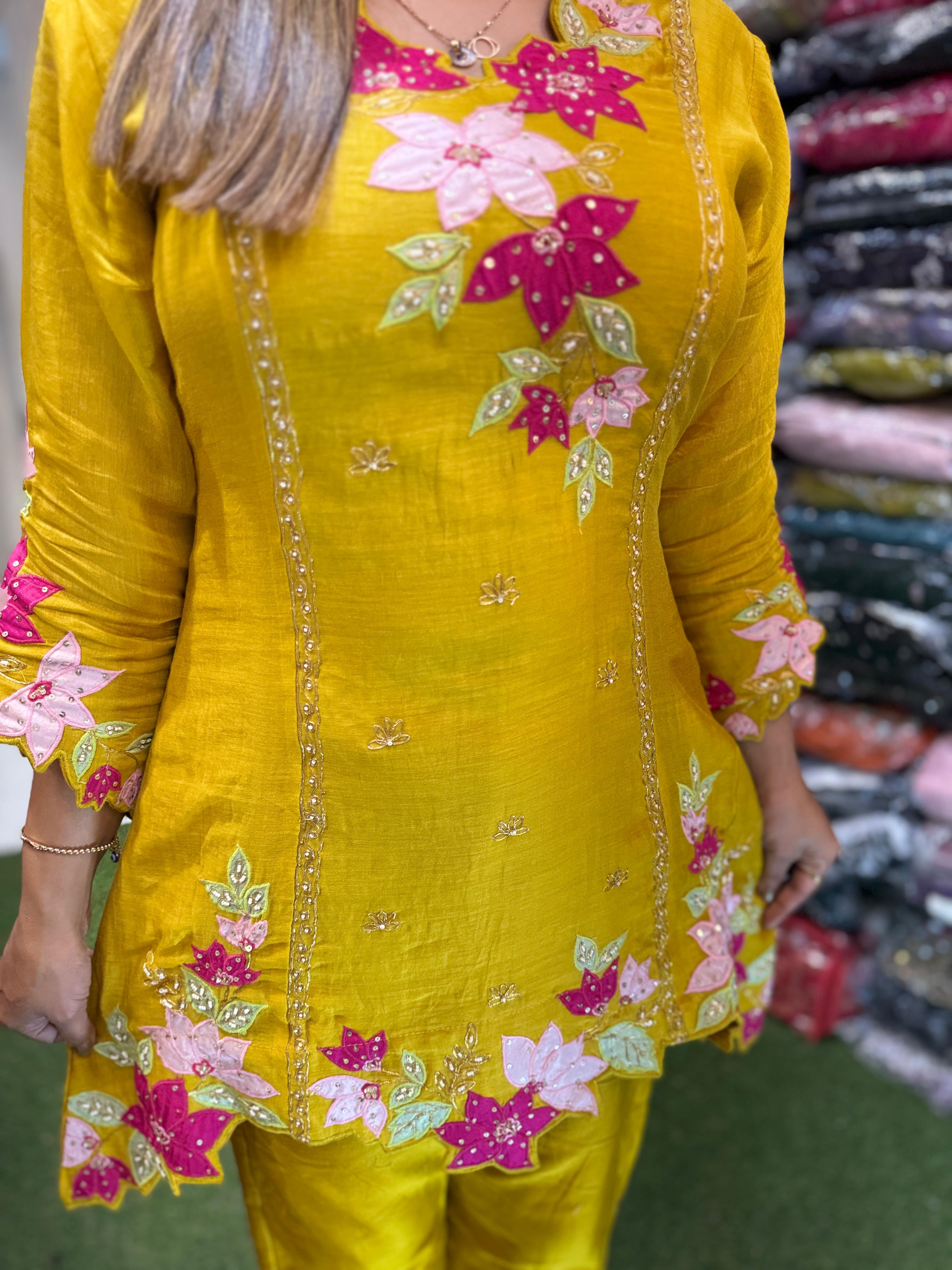 Pure Banaras Mull Chanderi Handwork 2pc CordSet Mustard Yellow Color