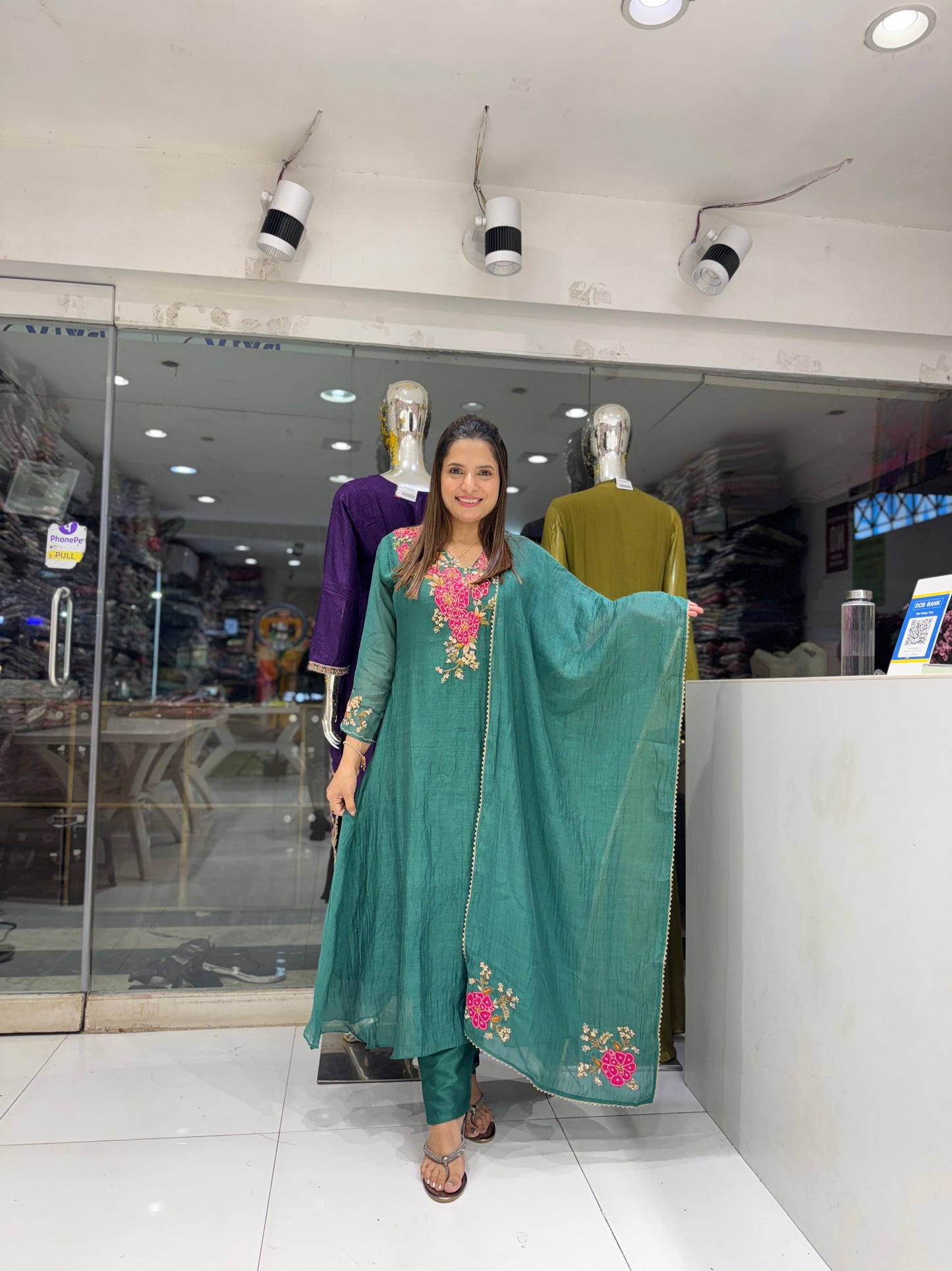 Pure Banaras Mull Chanderi Pearl Handwork Party Wear 3pc Set Green Color