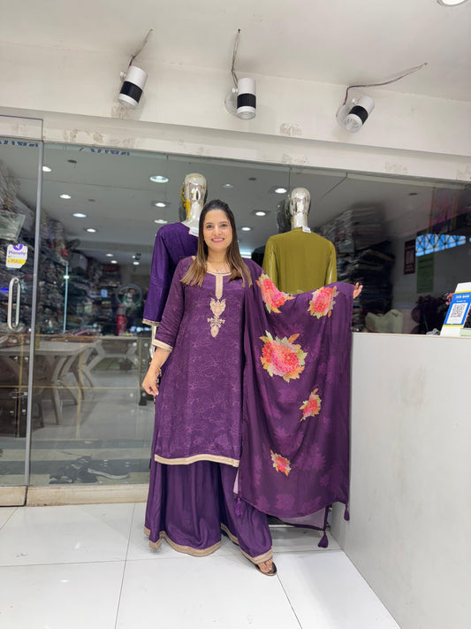 Pure Butter Muslin Jari Sequence Work Digital Print Party Wear 3pc Set Wine Color