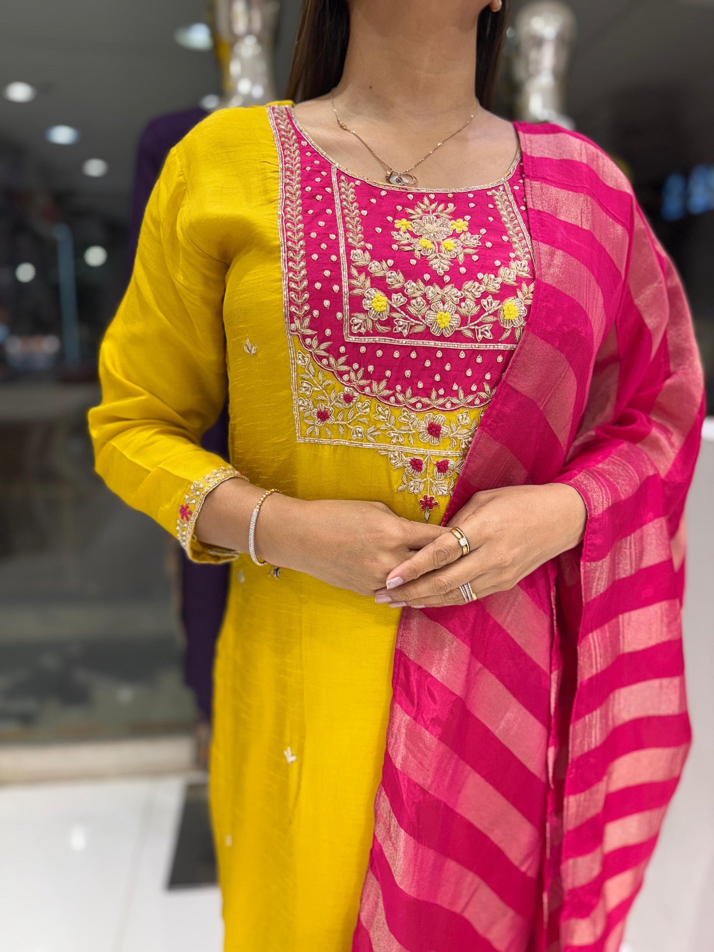 Pure Dola Silk Pearl Handwork Party Wear 3pc Set Yellow Color