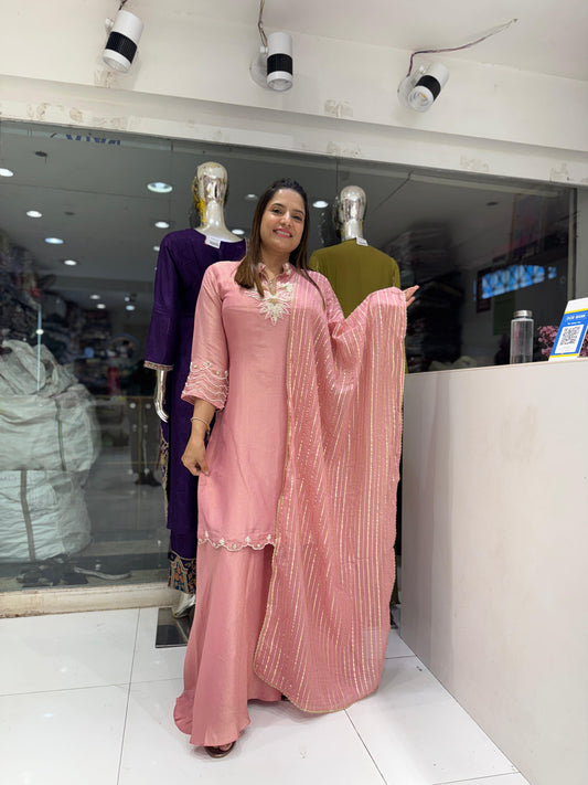 Pure Simmer Tissue Pearl Handwork Party Wear 3pc Set Pastle Pink Color