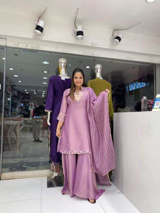 Pure Simmer Tissue Pearl Handwork Party Wear 3pc Set Purple Color