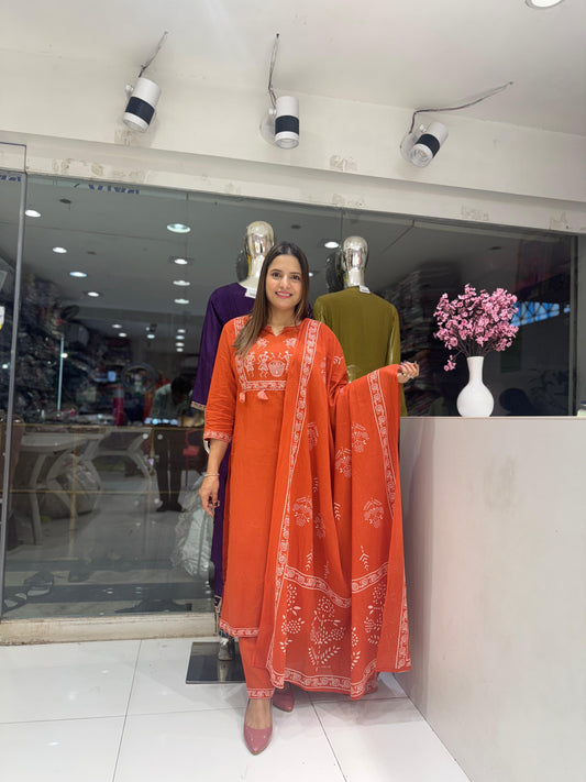 Pure Cotton Figure Print Casual Wear 3pc Suit Rust Orange Color