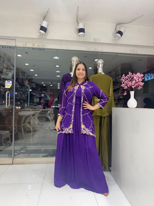 Pure Chinon Pearl Handwork Party Wear 3pc Suit Purple Color