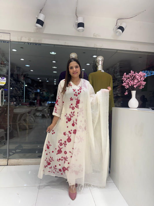 Pure Mull Chanderi Katha Work Party Wear 3pc Set Off White and Red Color
