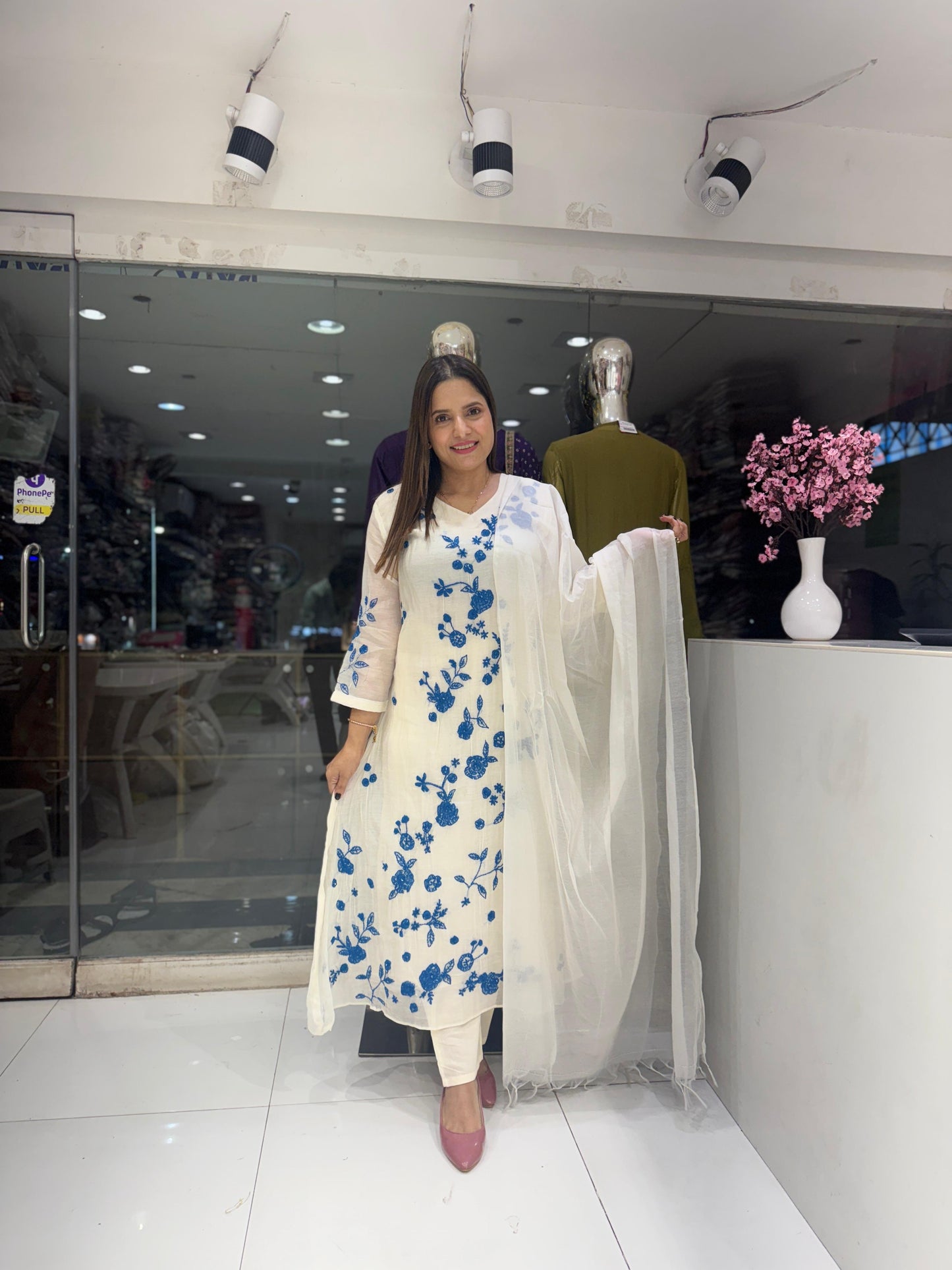 Pure Mull Chanderi Katha Work Party Wear 3pc Set Off White and Firozi Color