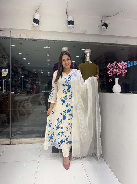 Pure Mull Chanderi Katha Work Party Wear 3pc Set Off White and Firozi Color