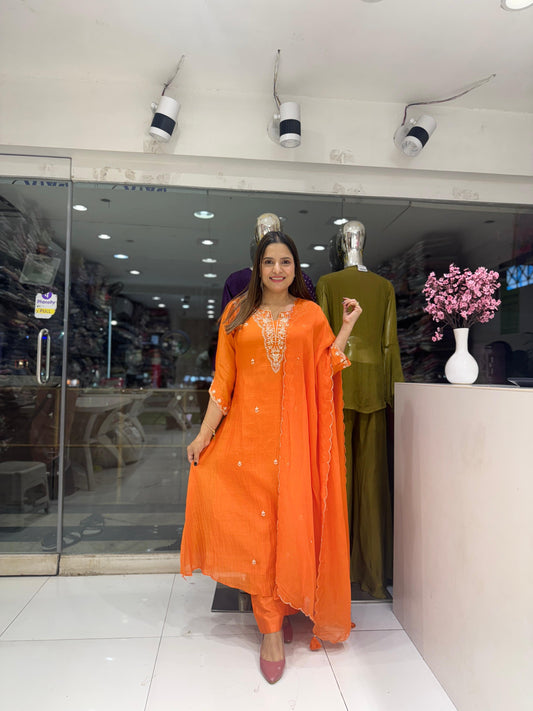 Pure Banaras Mull Chanderi Pearl Handwork Party Wear 3pc Suit Orange Color