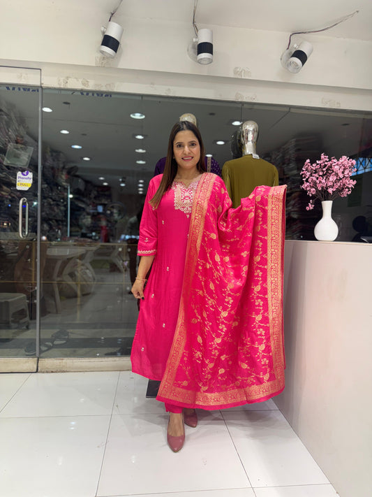 Pure Dola  Silk Pearl Handwork Party Wear 3pc Suit Pink Color