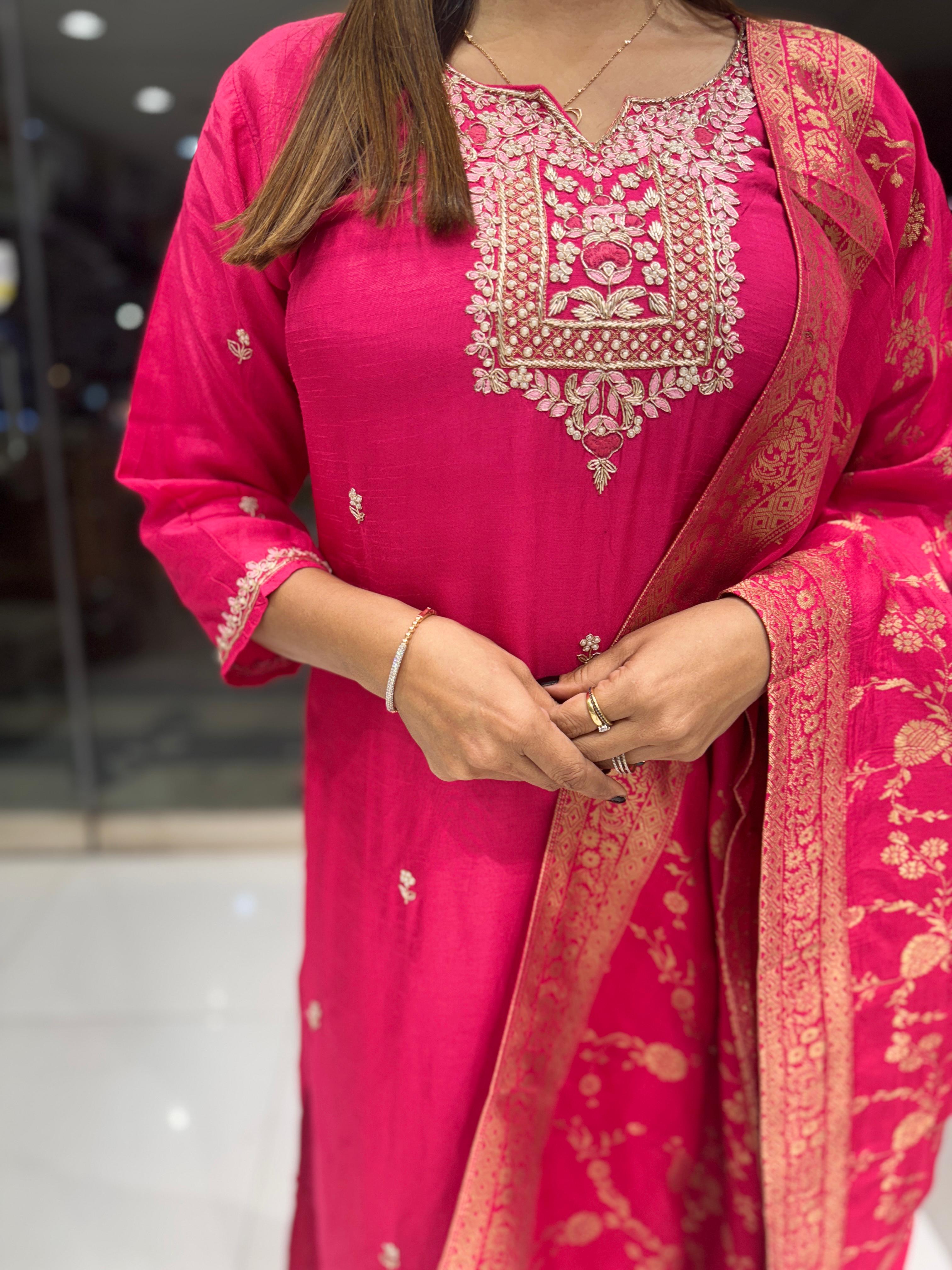Pure Dola  Silk Pearl Handwork Party Wear 3pc Suit Pink Color