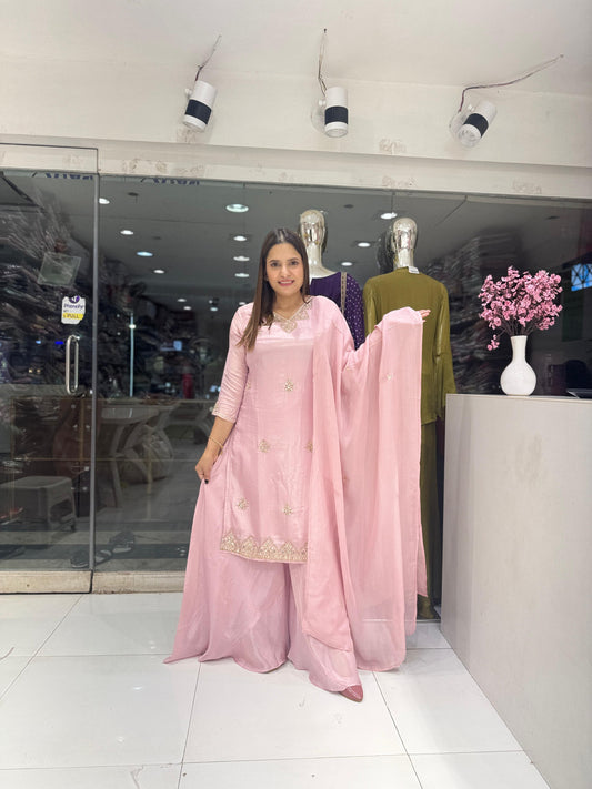 Pure Simmer Tissue Handwork Party Wear 3pc Set Baby Pink Color