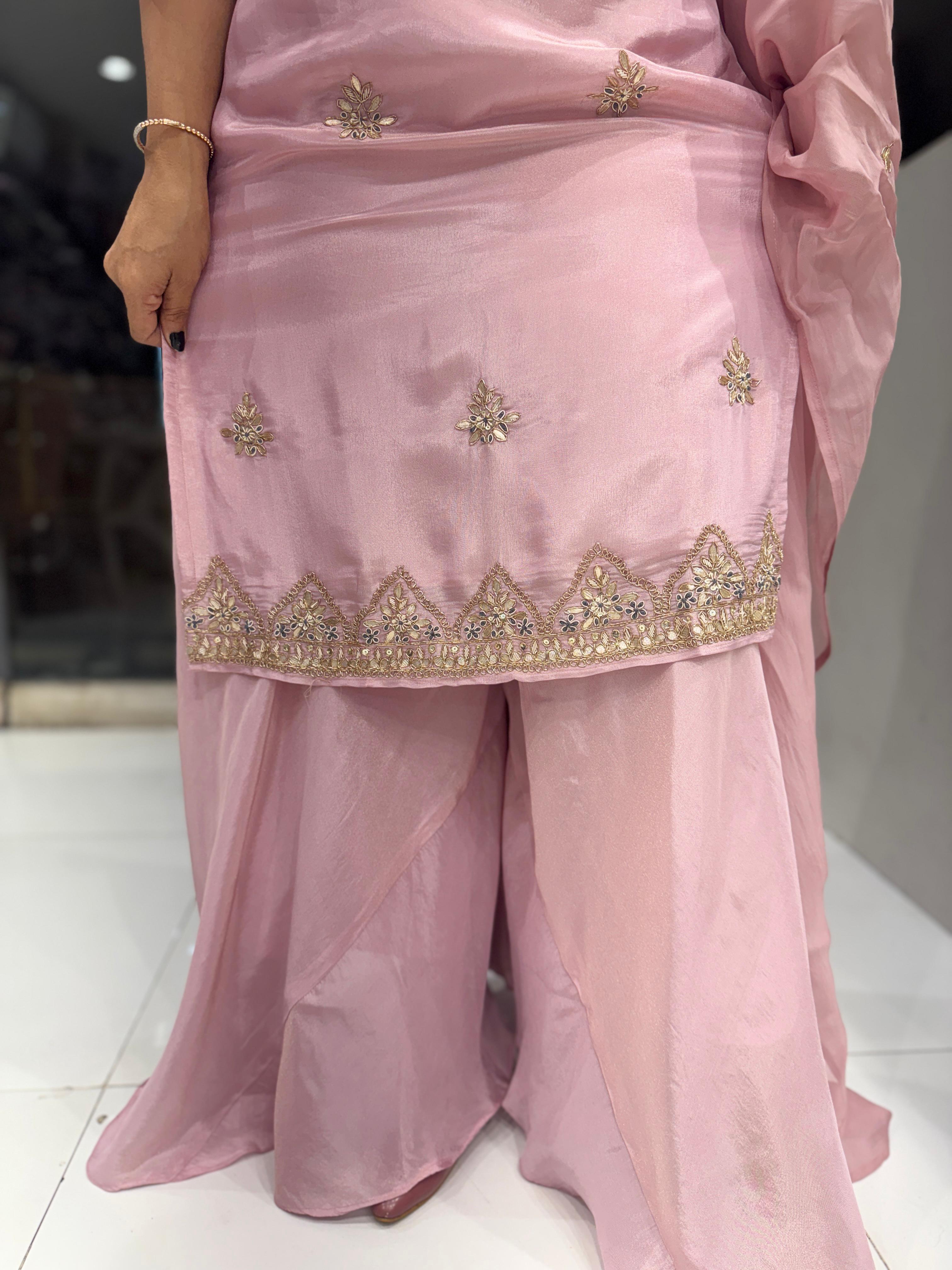 Pure Simmer Tissue Handwork Party Wear 3pc Set Baby Pink Color
