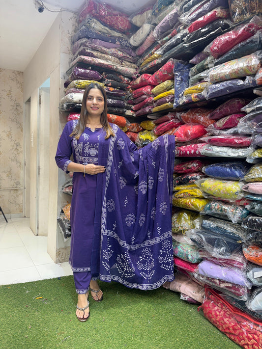 Pure Cotton Figure Print Casual Wear 3pc Suit Purple Color