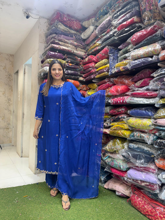 Pure Dola Silk Cutdana Handwork Party Wear 3pc Suit Blue Color