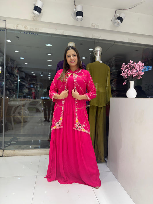 Pure Chinon Pearl Handwork Party Wear 3pc Suit Pink Color