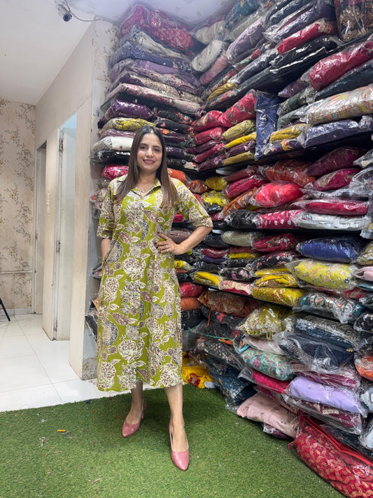 Pure Cotton Digital Print Midi Green Color