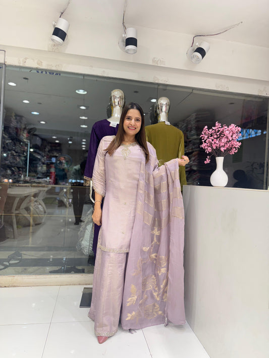 Pure Simmer Tissue Cutdana Handwork Party Wear 3pc Suit Pastle Purple Color