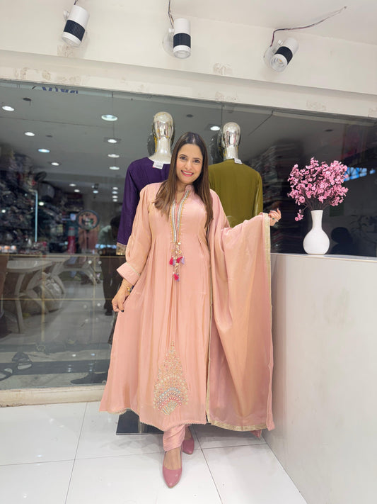 Pure Simmer Tissue Pearl Handwork Party Wear Anarkali 3pc Suit Pastel Pink Color