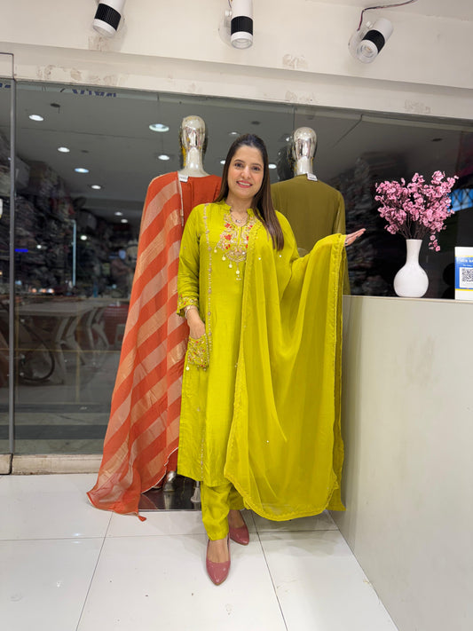 Pure Dola Silk Pearl Handwork Party Wear 3pc Set Chatani Green Color