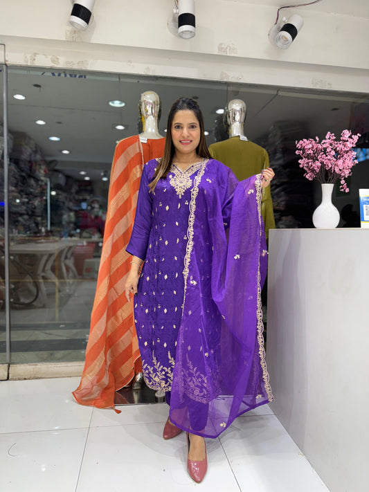Pure Jacquard Crep Jari Sequence Work Party Wear 3pc Suit Madhuri Purple Color