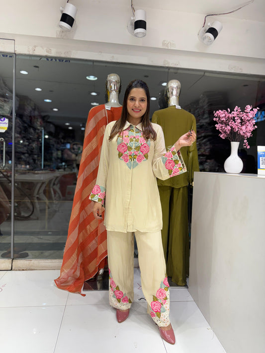 Pure Chinon Cutdana Handwork Party Wear 2pc Suit Ivory Color