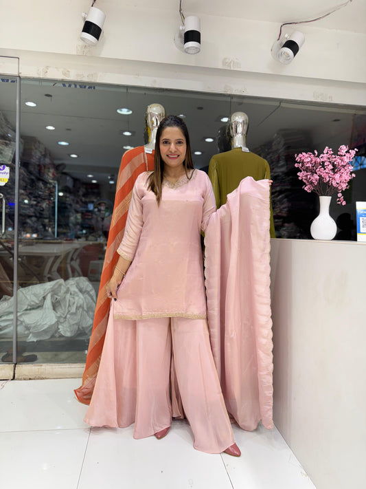 Pure Simmer Tissue Pearl Handwork Party Wear 3pc Suit Pink Color