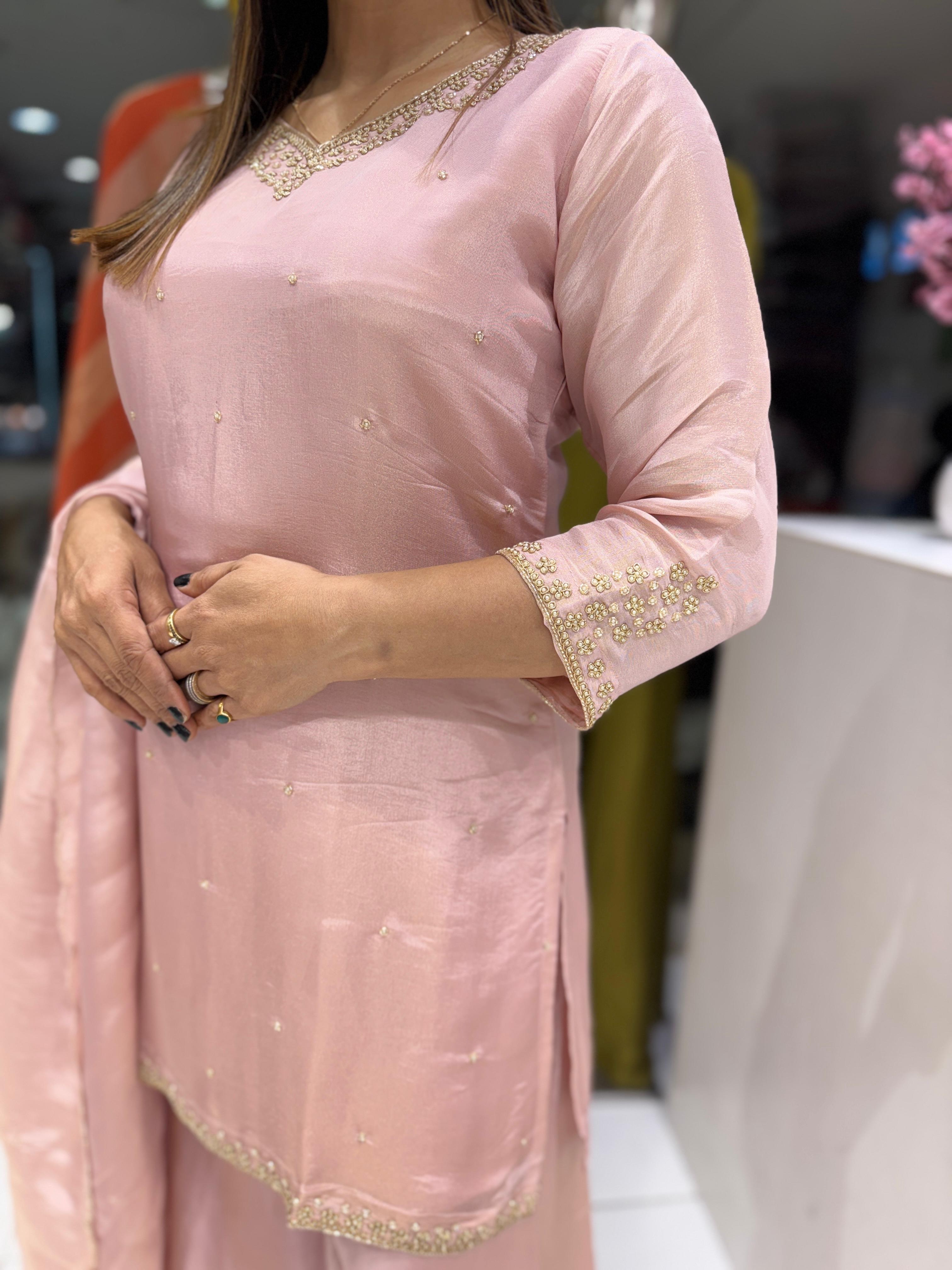 Pure Simmer Tissue Pearl Handwork Party Wear 3pc Suit Pink Color