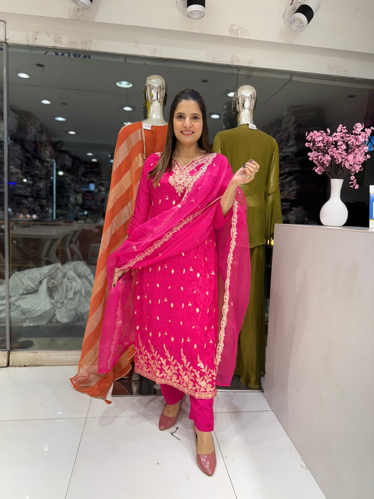 Pure Jacquard Crep Jari Sequence Work Party Wear 3pc Suit Pink Color