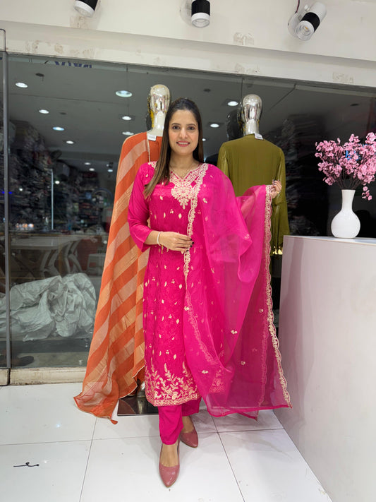 Pure Jacquard Crep Jari Sequence Work Party Wear 3pc Suit Pink Color