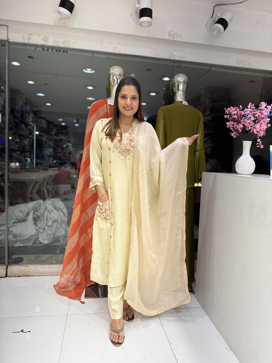 Pure Dola Silk Pearl Handwork Party Wear 3pc Set Ivory Color