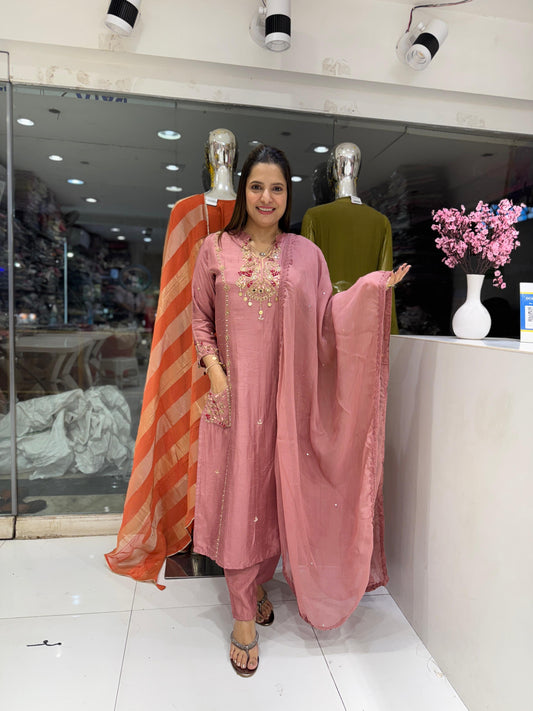 Pure Dola Silk Pearl Handwork Party Wear 3pc Set Rose Gold Color