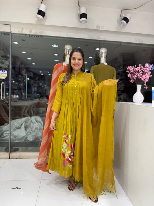Pure Banaras Mull Chanderi Pearl Handwork Party Wear 3pc Set Yellow Color
