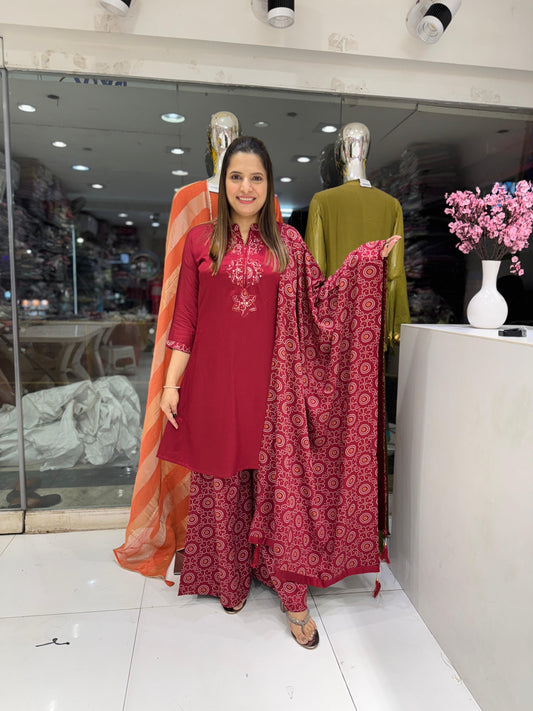 Pure Gaji Silk Real Mirror Work Bottom Plazzo 3pc Set Maroon Color