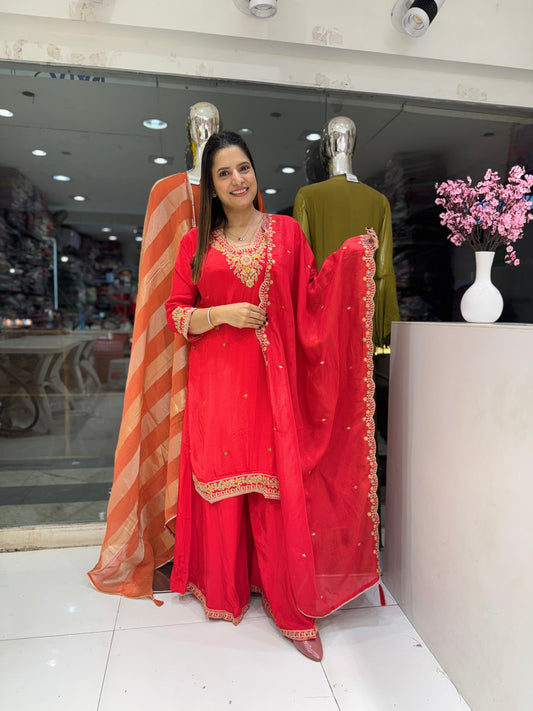 Pure Crep Jari Sequence Work Party Wear 3pc Set Blood Red Color