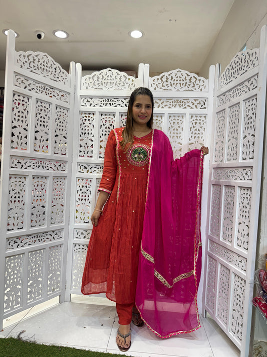 Mull Chanderi Maroon 3pc Suit