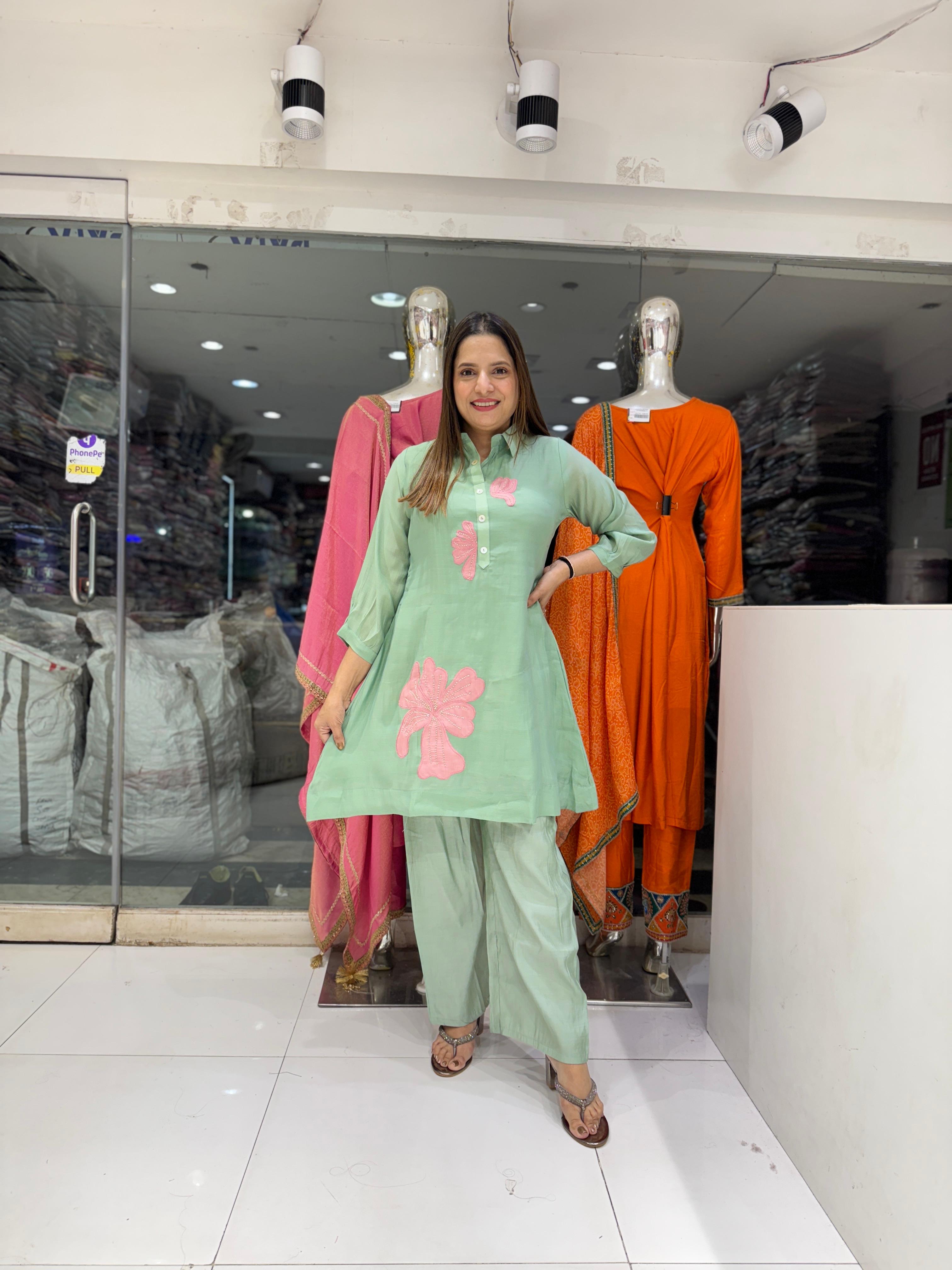 Mull Chanderi Pista Green 2pc Suit