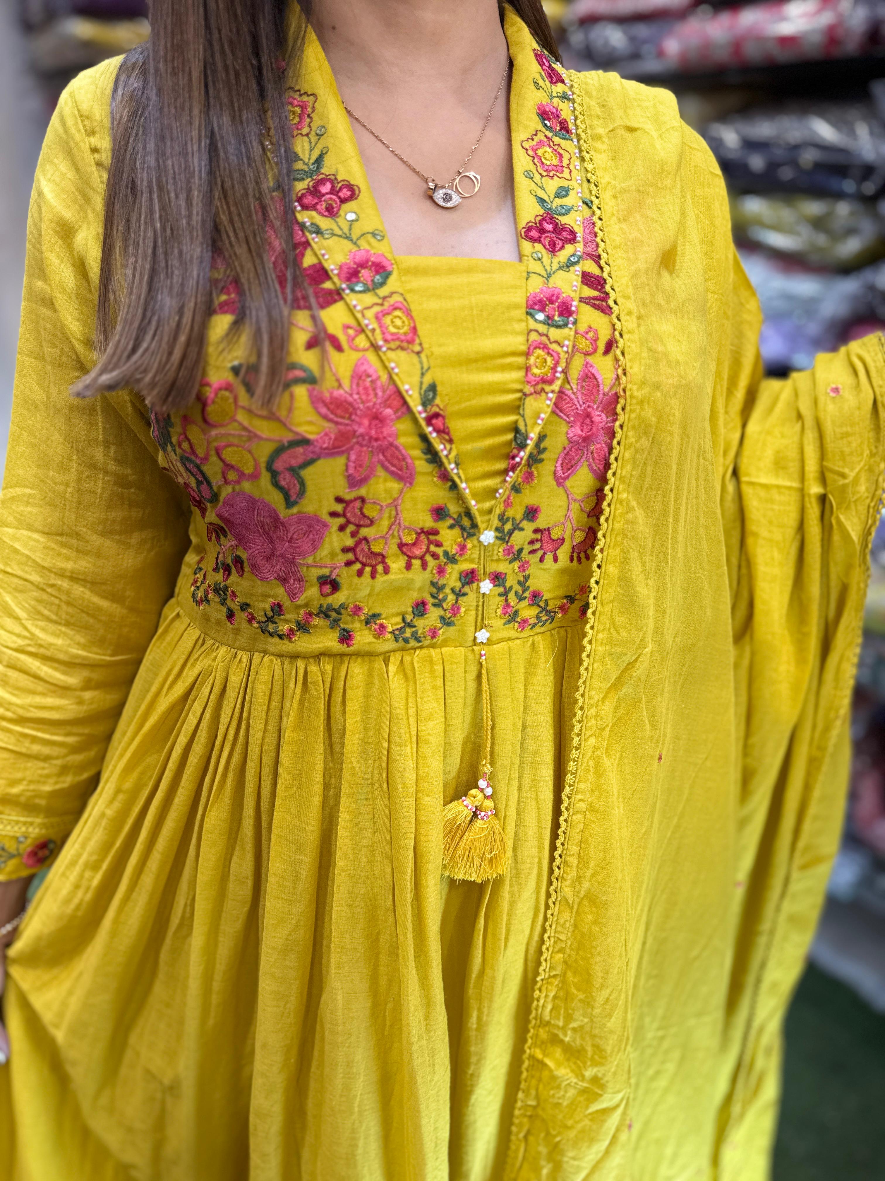 Mull Cotton Anarkali Yellow 3pc Set