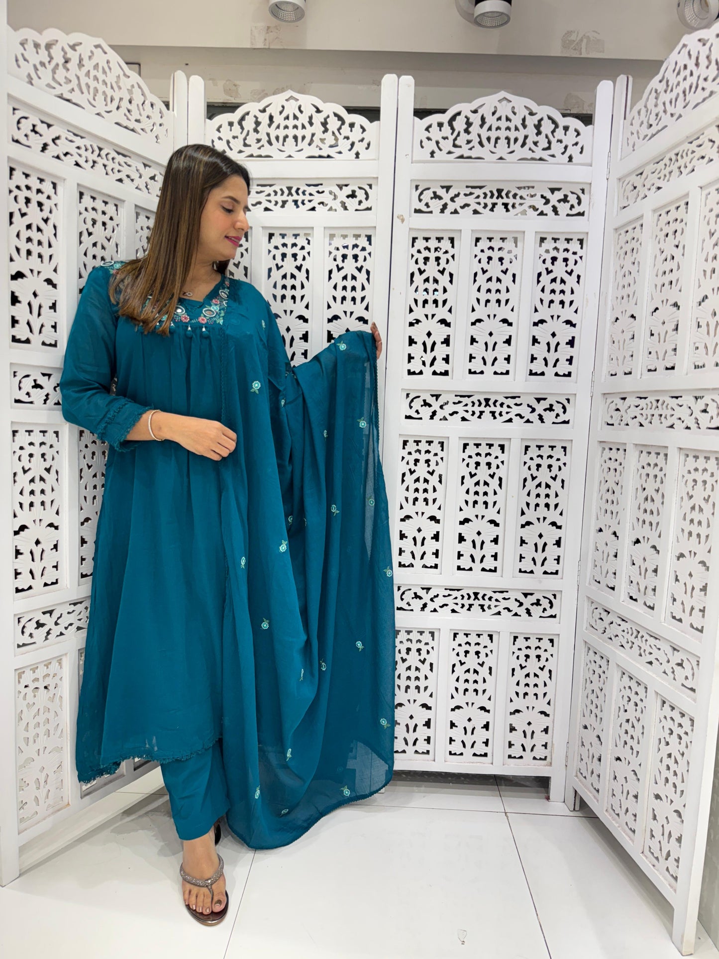 Mull Cotton Anarkali Rama Green 3pc Set