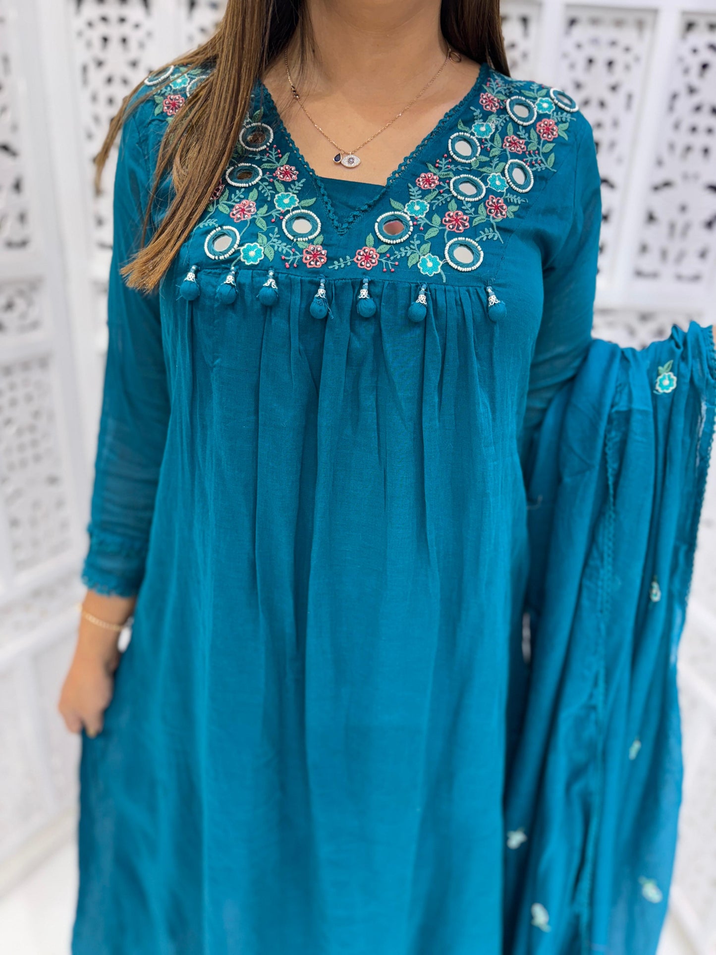 Mull Cotton Anarkali Rama Green 3pc Set