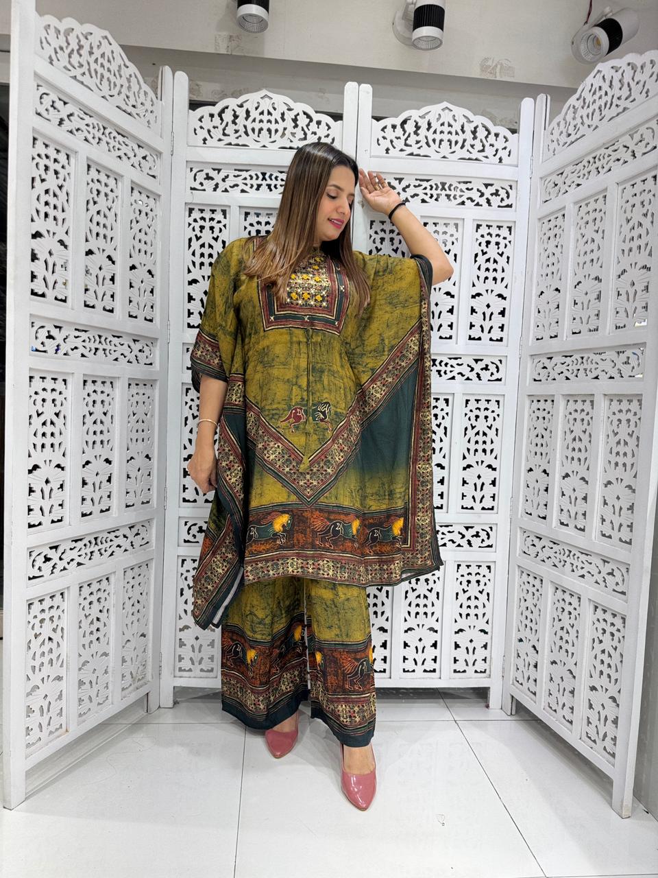 Malabar Silk Yellow Kaftan 2pc Set