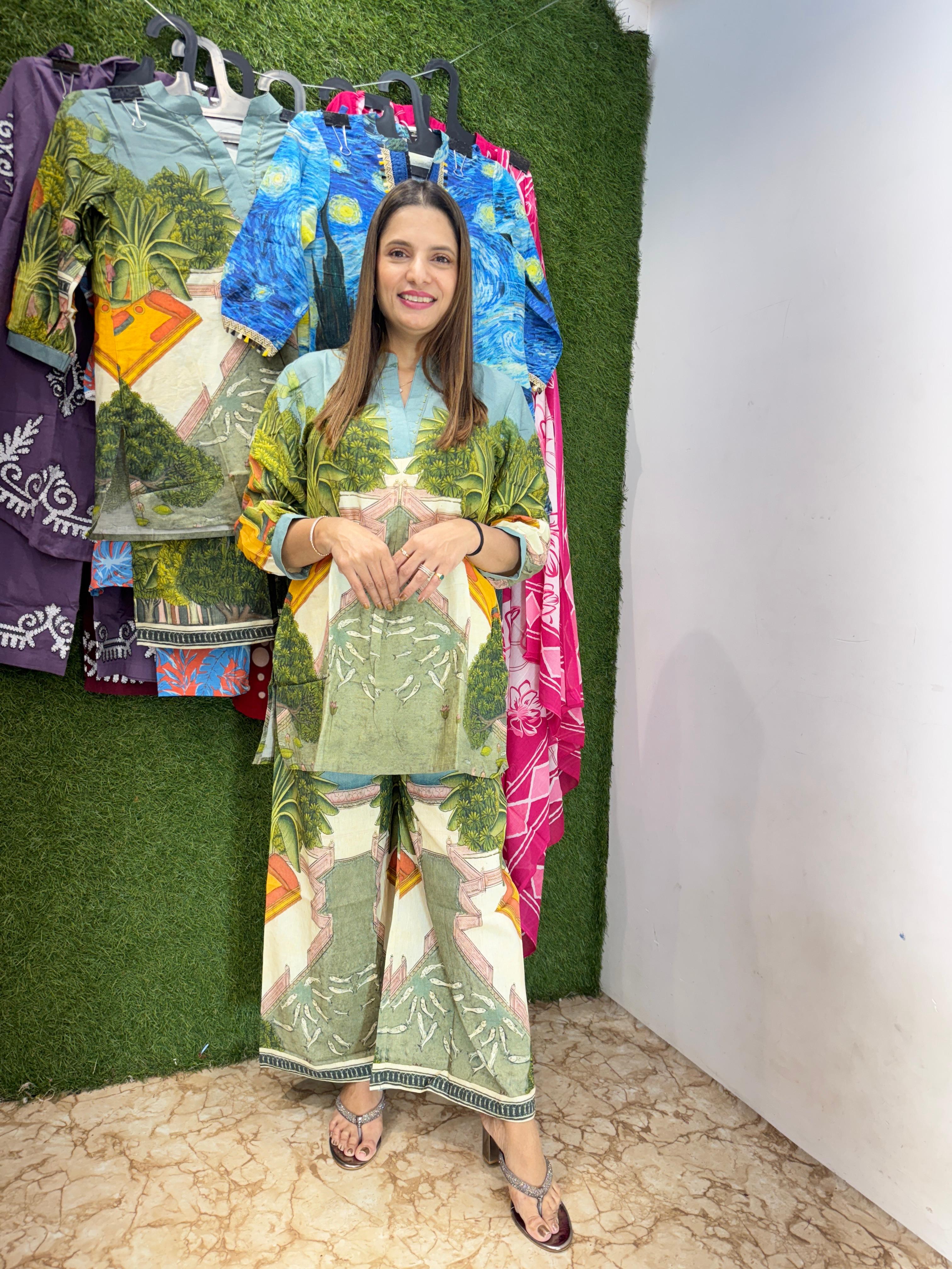 Pure Linen Silk Floral Print Cordset Green Color