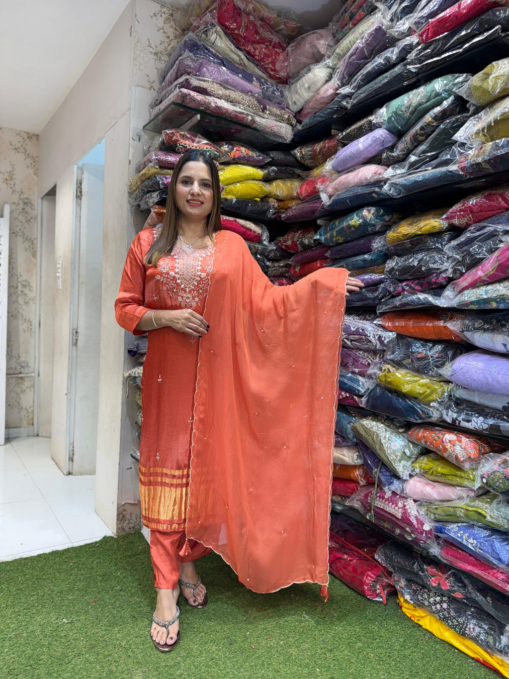 Satin Gaji Silk Orange 3pc Set