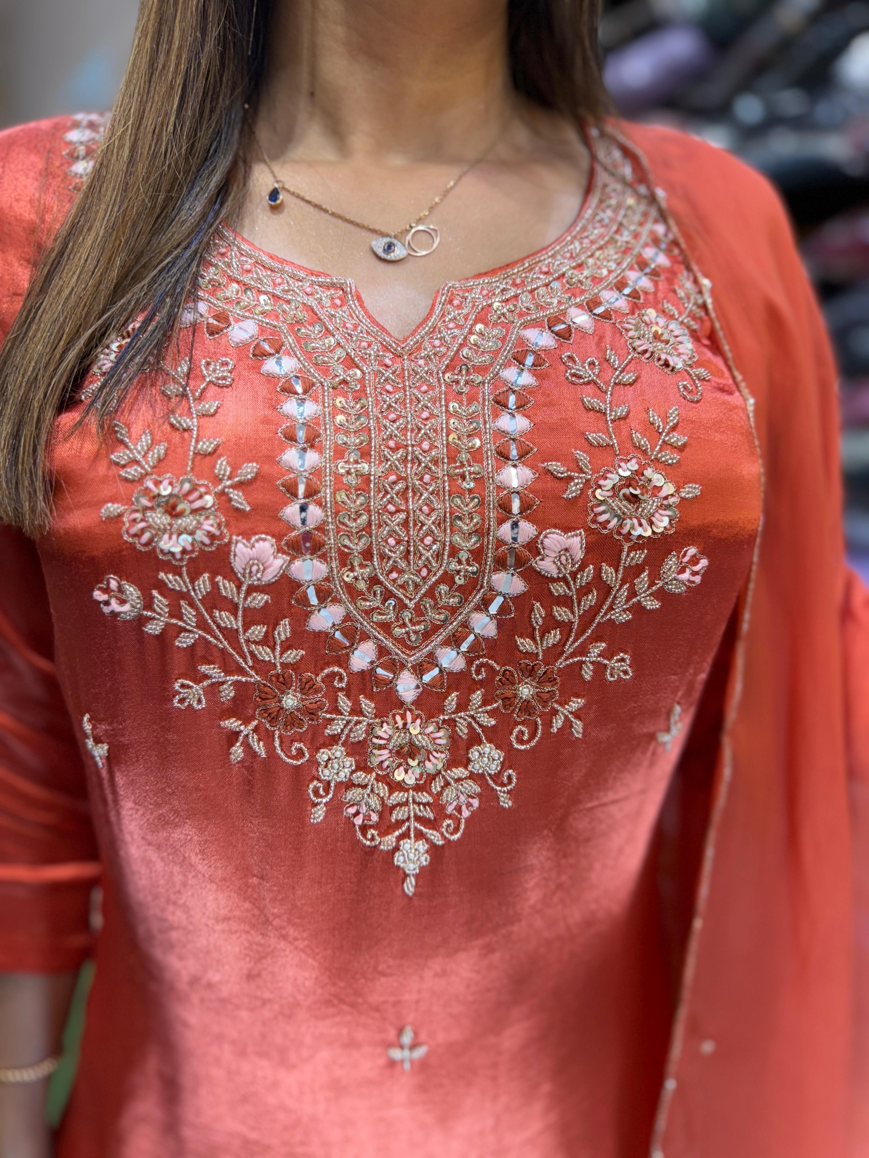 Satin Gaji Silk Orange 3pc Set