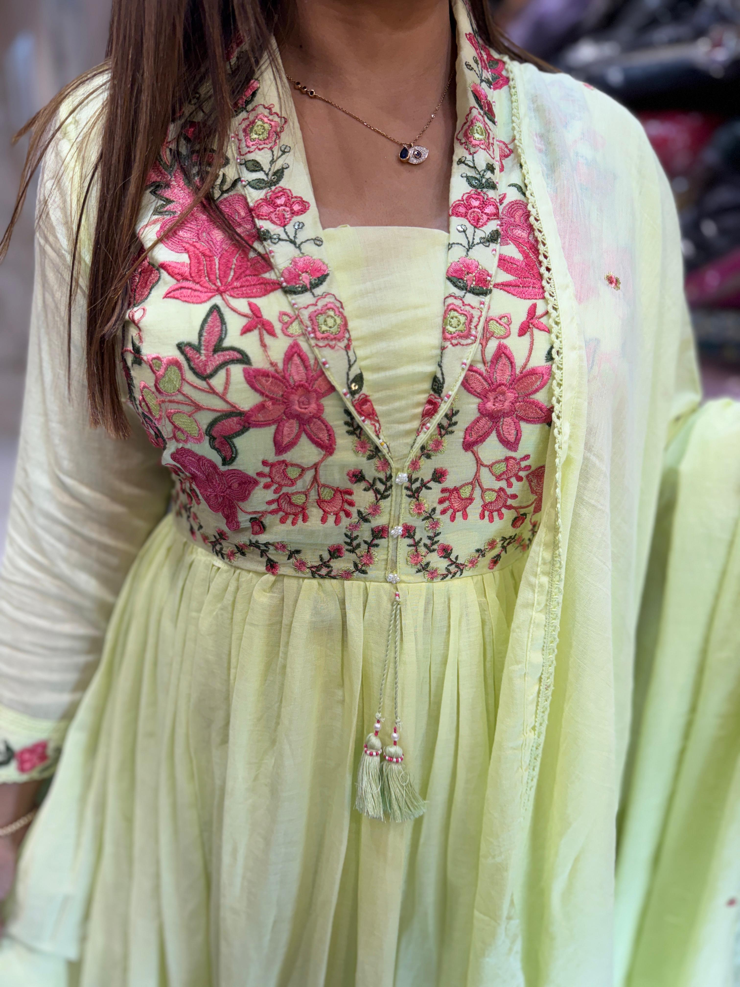 Mull Cotton Anarkali Green 3pc Set