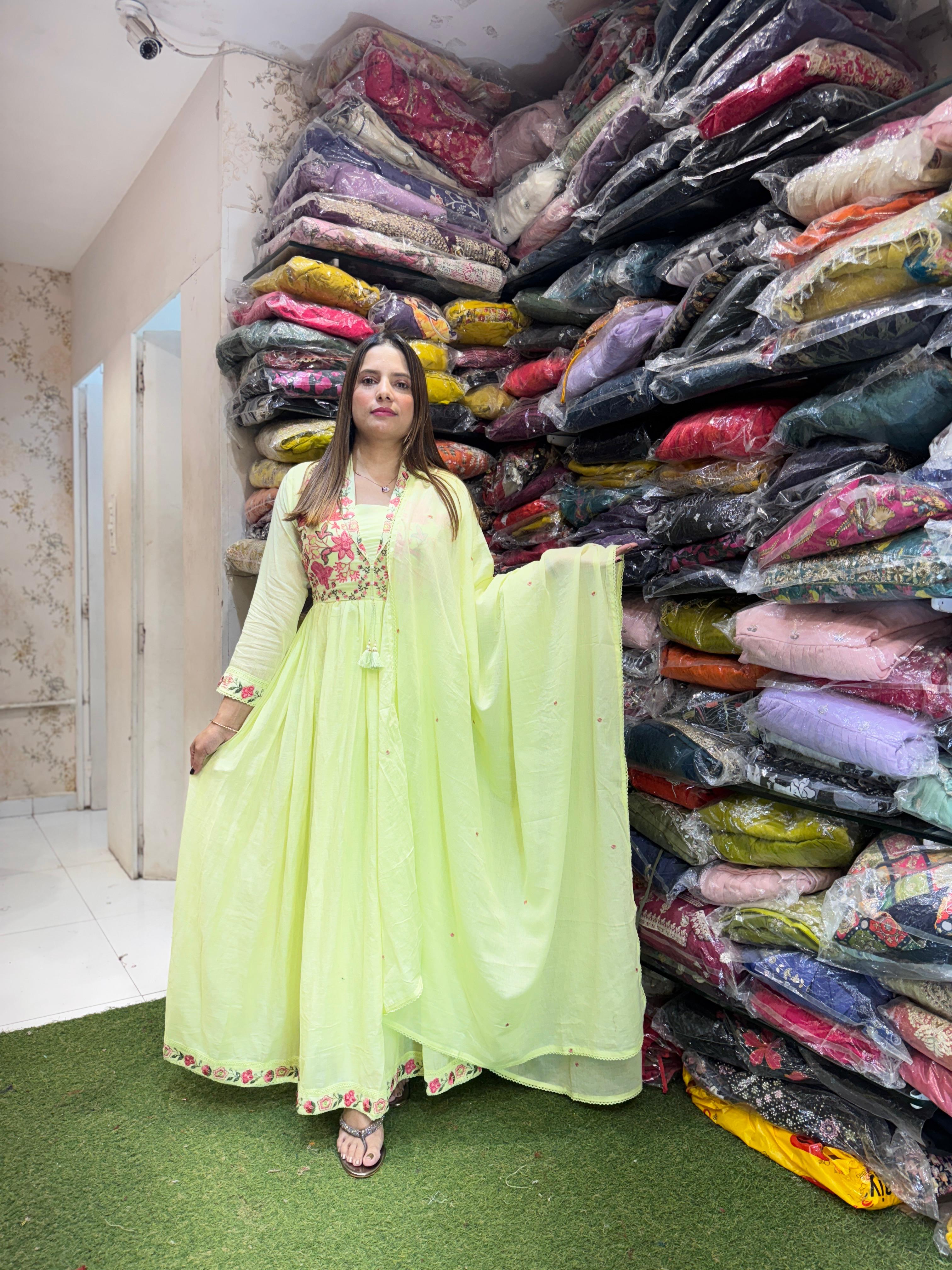 Mull Cotton Anarkali Green 3pc Set