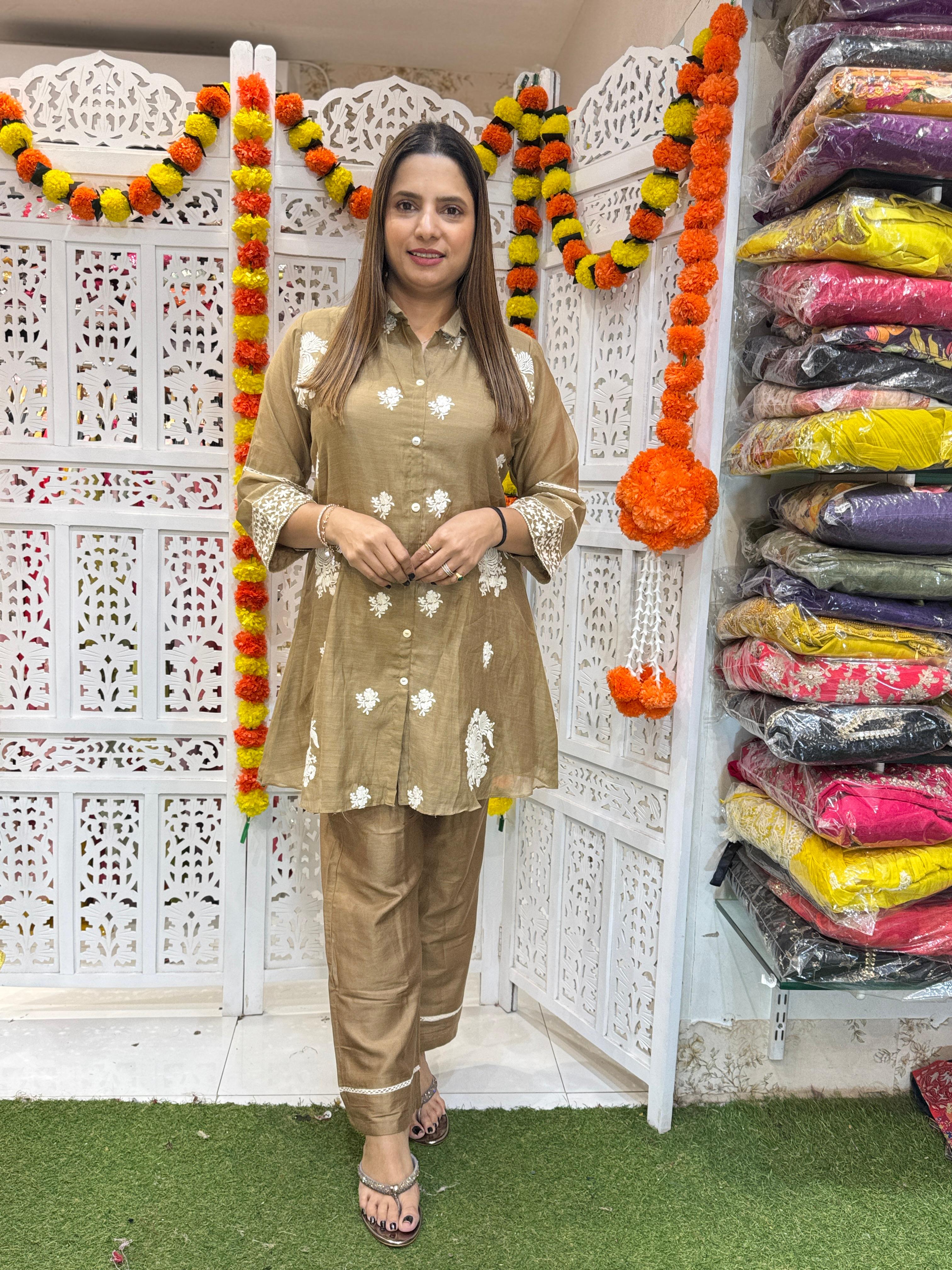 Banaras Mull Chanderi Khaki 2pc Set
