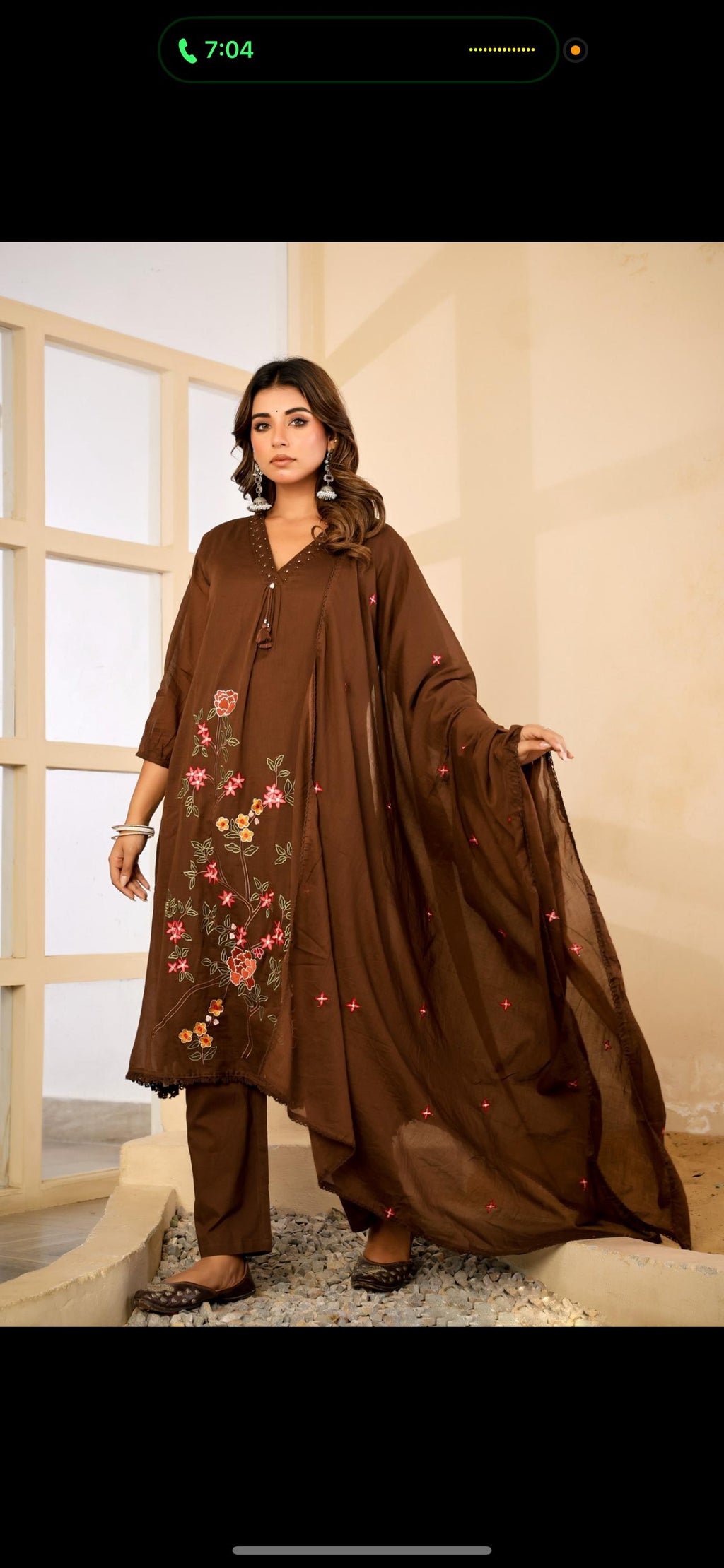 Mull Cotton Brown Anarkali 3pc Set