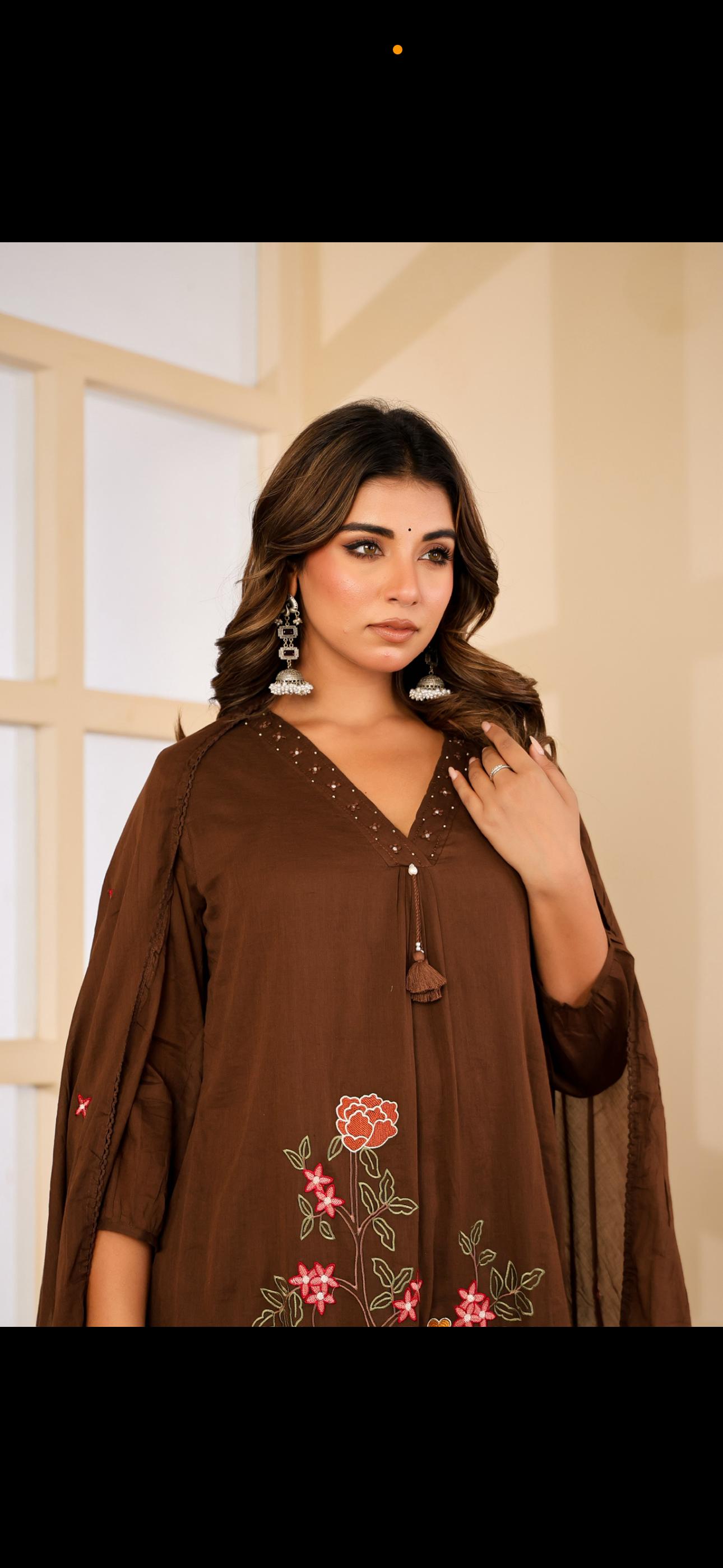 Mull Cotton Brown Anarkali 3pc Set