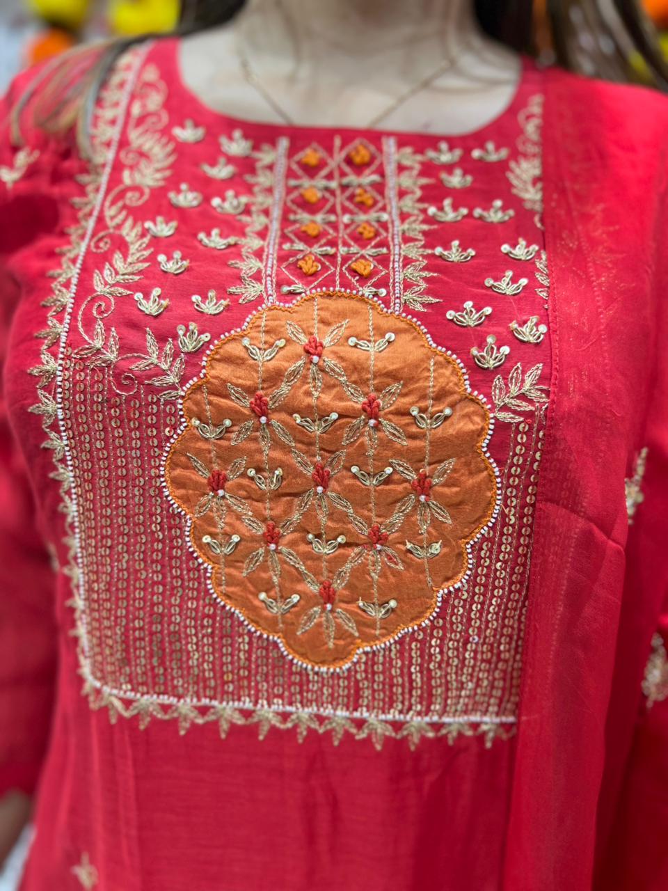 Banaras Mull Chanderi Red 3pc Set